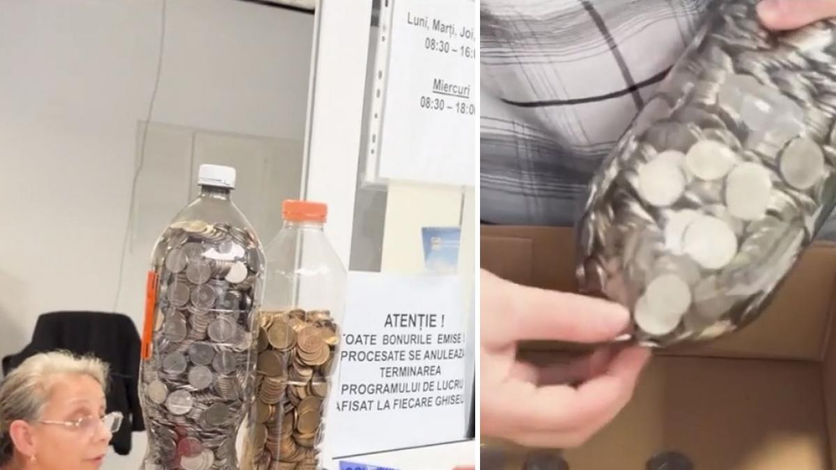 Un barbat din Craiova s a prezentat sa achite taxele aducand 3 kg de monede in sticle de plastic