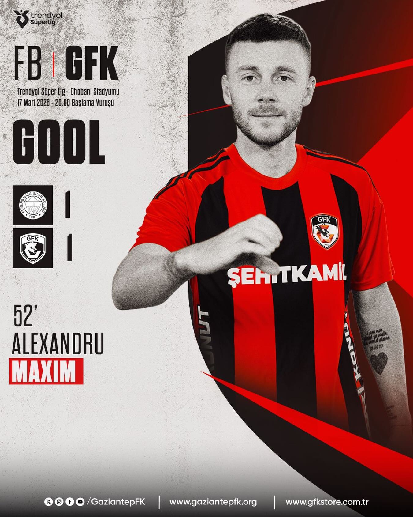 Alexandru Maxim marcheaza impotriva lui Fenerbahce dar Gaziantep pierde partida din SuperLig