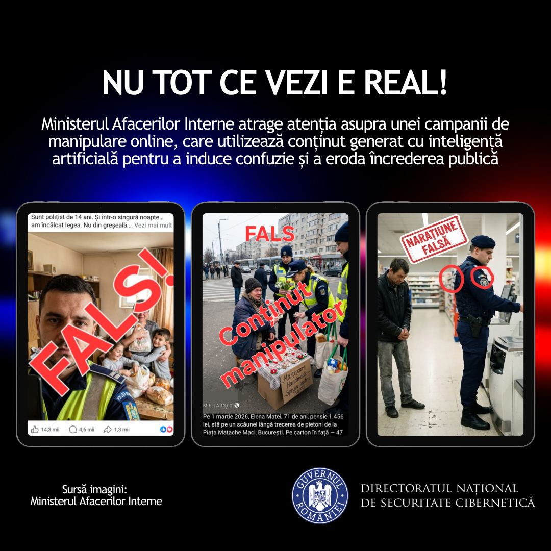 Campanie de influenta cu personaje AI prezentate ca politisti sau jandarmi DNSC exploateaza emotiile