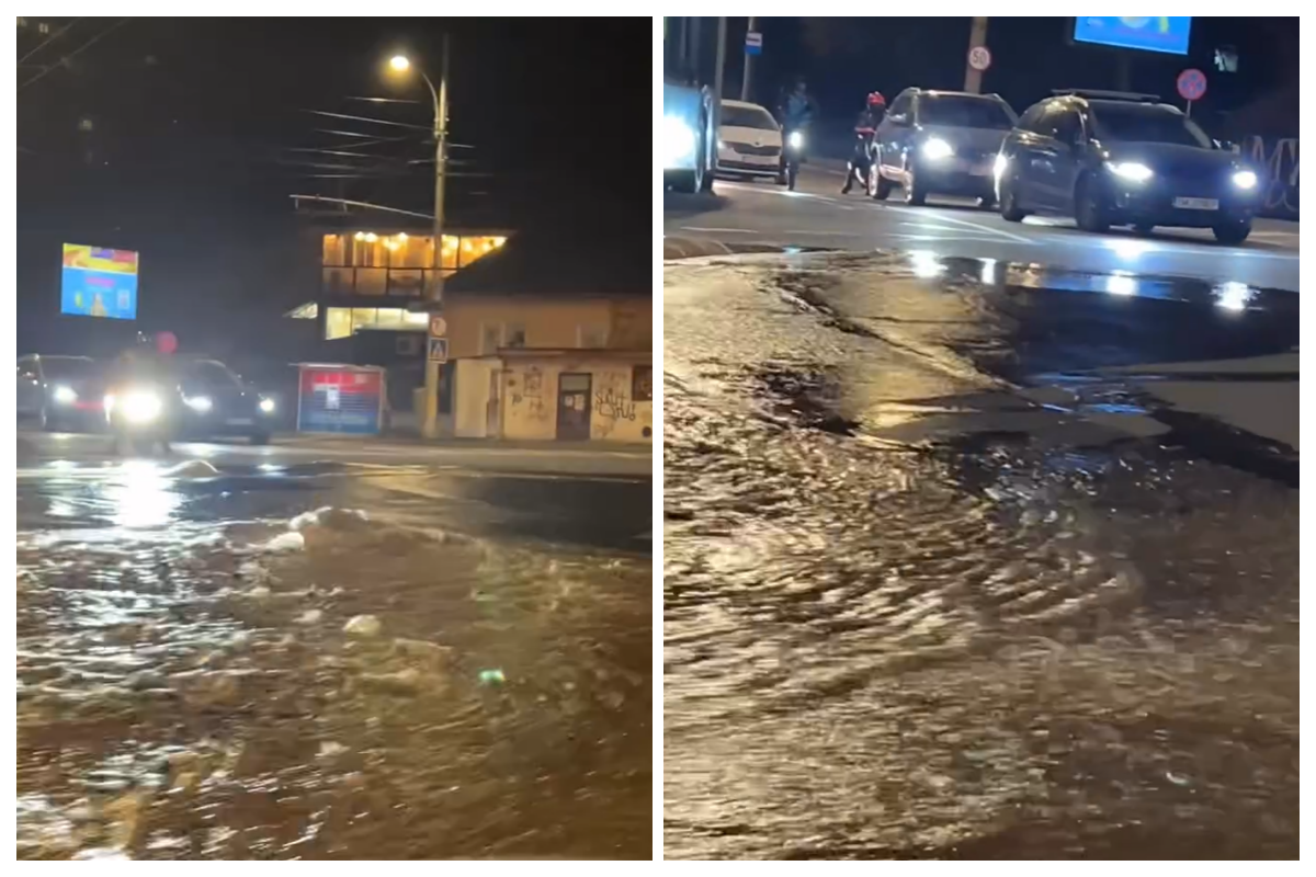 video strazi transformate in lac aseara in cluj dupa ce o teava sa rupt in zona interservisan apa a inundat intreaga intersectie