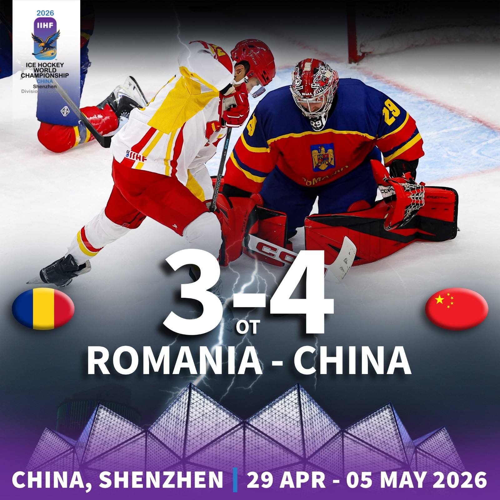 Romnia sufera o infrangere dupa prelungiri in fata Chinei la Campionatul Mondial de hochei pe gheata I B