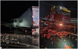 Haos pe Autostrada A10 in miez de noapte doua camioane s au ciocnit iar pompierii din Cluj au intervenit rapid Ce s a intamplat cu soferi