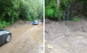 interventie de urgenta pe un drum din cluj dupa furtuni aluviunile si pietrele au blocat drumul echipele cj cluj au curatat carosabilul cu buldoexcavatorul
