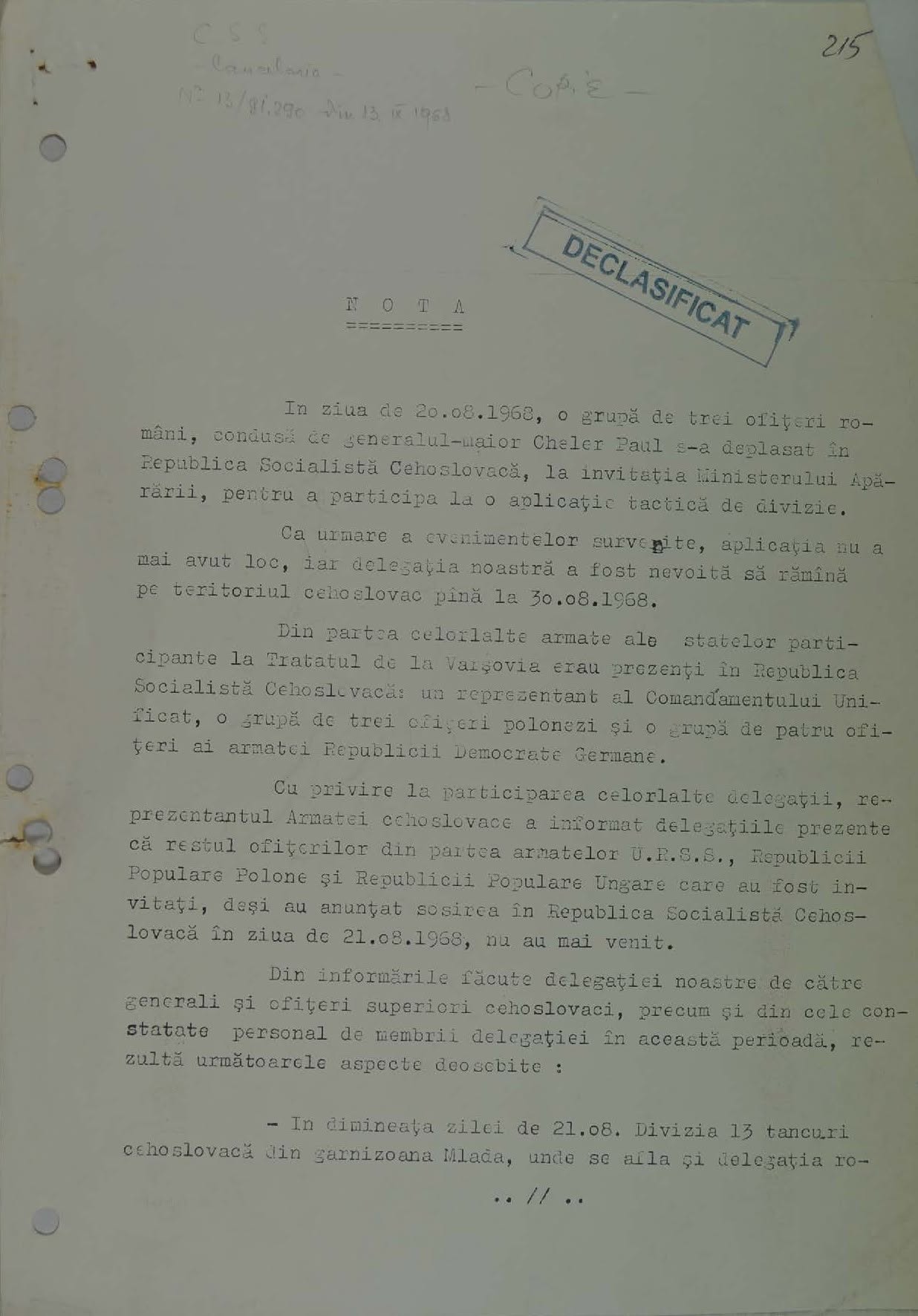 Document al Securitatii din 1968 publicat de CNSAS Cum a trait o delegatie militara romana invazia din Cehoslovacia