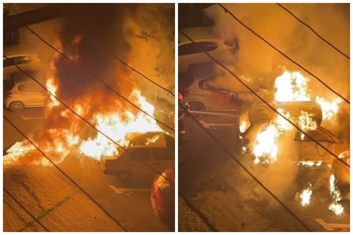 VIDEO Imagini socante Patru masini au fost mistuite de flacari noaptea trecuta in parcarea unui bloc din Oradea Flacarii ajungeau pana la etajul 1