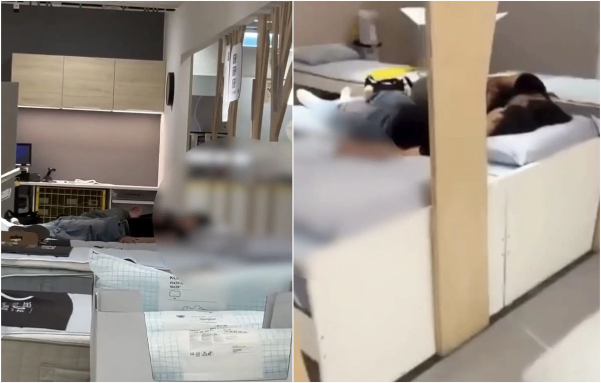 doi tineri surprinsi in momente intime pe un pat expus intr un magazin de mobila incidentul filmat de martori video